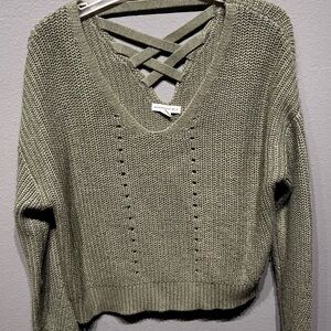 Aeropostale Olive V-Neck Sweater with Crisscross Detail